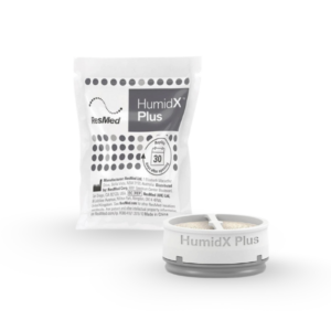 Vista frontal da embalagem e do HumidX Plus para AirMini da ResMed.