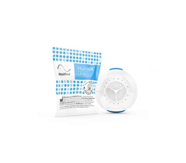 Plano próximo de um pacote de Humidx F20 e um Humidx F20 fora da embalagem.