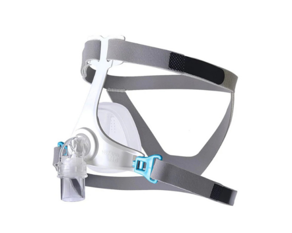 Máscara nasal Wizard 310 para tratamento da apneia do sono, com design leve e campo de visão desobstruído. Vista lateral.