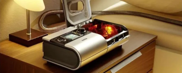 Humidificador H5i sobre a mesa de cabeceira em um quarto com pouca luz.