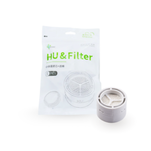 Vista frontal do pacote com um humidificador, filtro