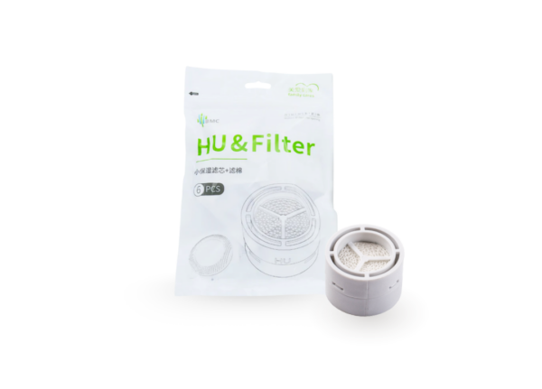 Vista frontal do pacote com um humidificador, filtro