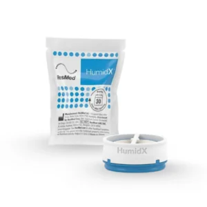 Vista frontal da embalagem e do HumidX para AirMini da ResMed.
