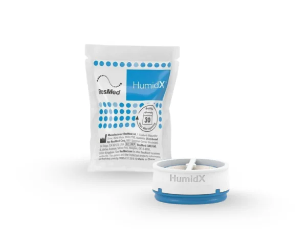Vista frontal da embalagem e do HumidX para AirMini da ResMed.
