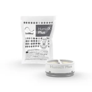 Vista frontal da embalagem e do HumidX Plus para AirMini da ResMed.