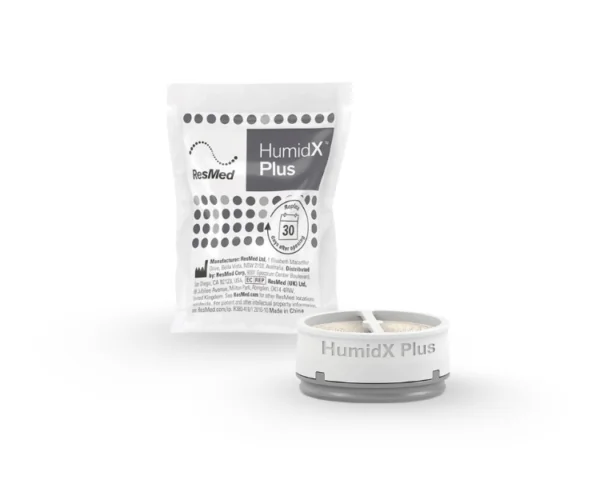 Vista frontal da embalagem e do HumidX Plus para AirMini da ResMed.