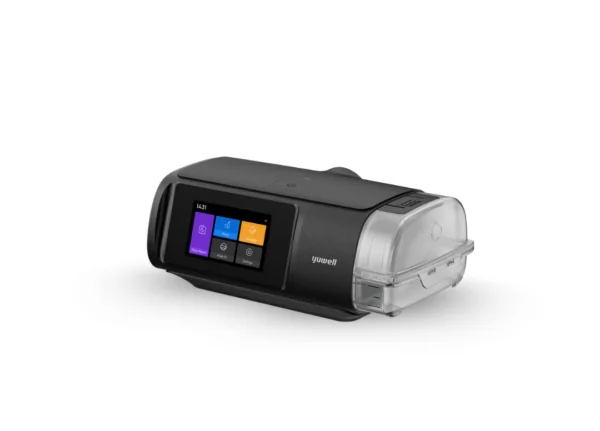 AutoCPAP Yuwell Breathcare III YH-680 em vista lateral superior, destacando o umidificador e a porta de conexão do tubo.